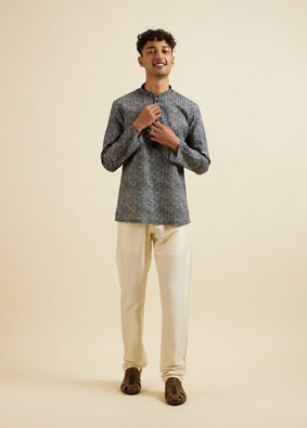 alt message - Manyavar Men Dark Blue Kaleidoscopic Print Short Kurta image number 2